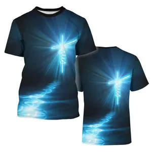 Unisex Glowing Cross Jesus Blue Radiant Light Water Path T-Shirt - Religious Christian Apparel for Easter, Church Events, Casual Daily Wear