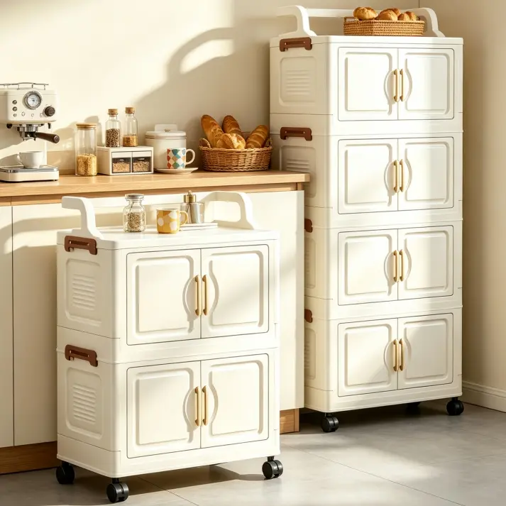 Foldable, stackable double-door plastic storage rack with handle and wheels for easy movement. Suitable for bedrooms, game rooms, and living rooms. Off-white.