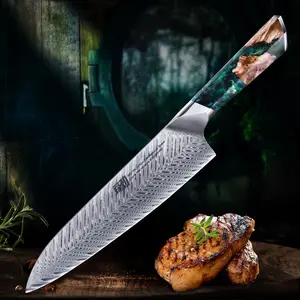 FINDKING 8 Inch Chef Knife, 67 Layers 10Cr15CoMoV Damascus Steel, Multipurpose Japanese Gyuto Knife, Razor-Sharp Blade, Resin and Figured Sycamore Handle Handle, Full Tang, Nebula Series, Blue and Red ,Cutting for Meat,Vegetable,Fruit