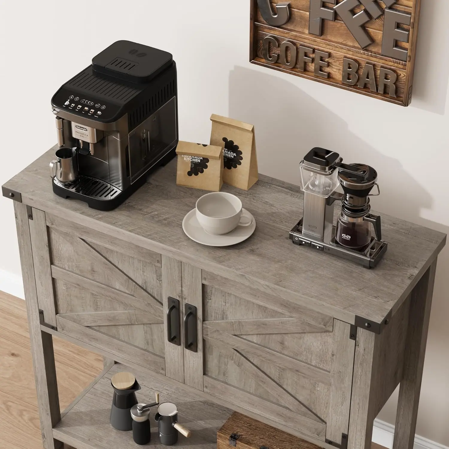 Gray Console Table with Cabinets and Drawers - Farmhouse Sideboard Storage Cabinet, Coffee Bar Station, Versatile Indoor Furniture Gift