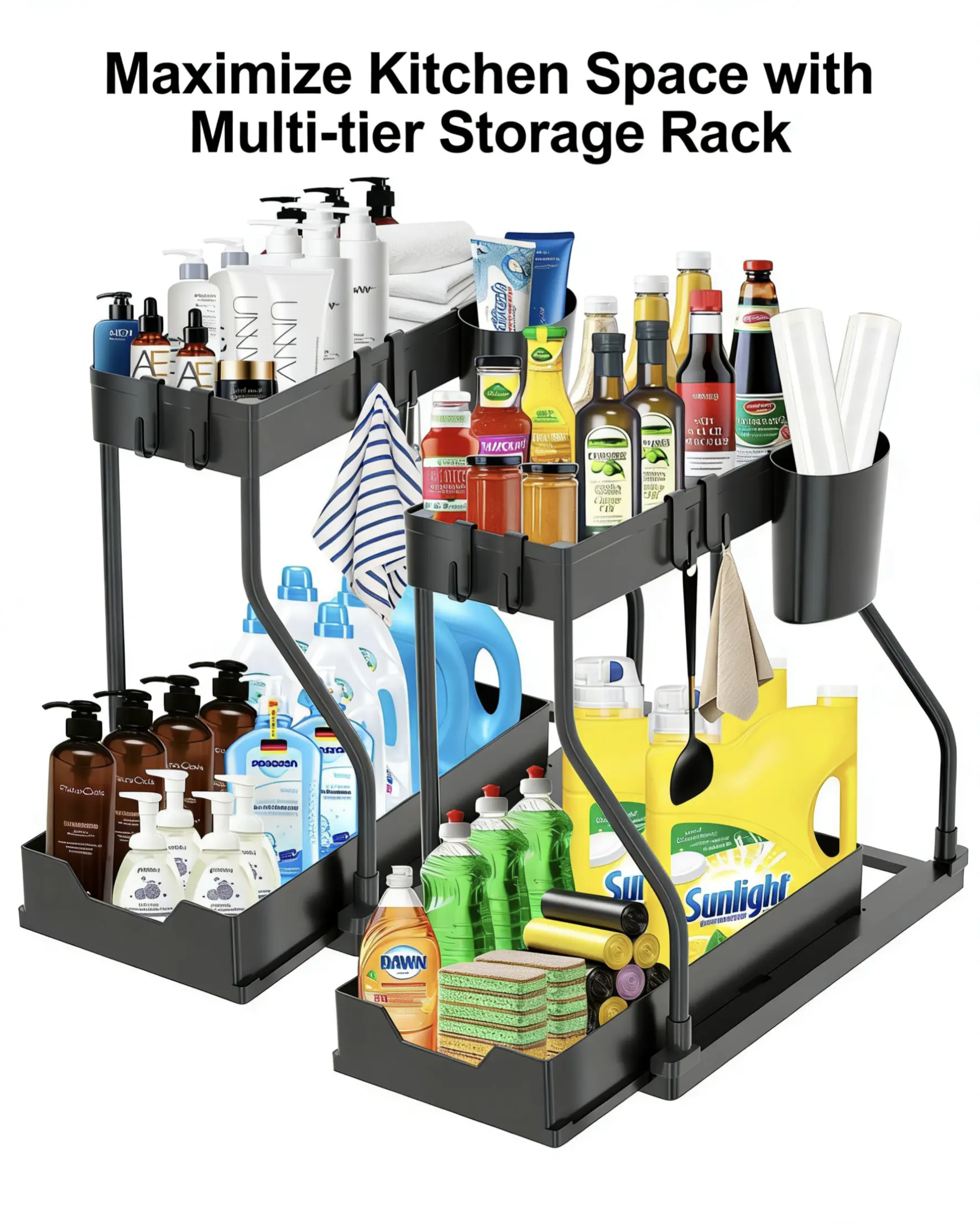 2-Tier Under Sink Sliding Organizer, Pull-Out Basket Cabinet Storage, Heavy-Duty Frame, Space Saving & Storage Maximizer, for Kitchen Bathroom Laundry, Storage & Organization Adjustable Metal Racks