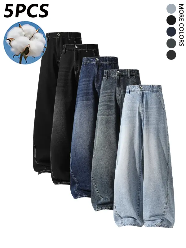 5 Pack Men's Loose Fit Straight Simple Casual Denim Jeans,Unisex Versatile Trouser,Plain Vintage Pants,striped patchwork design,For Daily Wear,For Fall Menswear,available in 5 pack & 4 pack & 1-pack options,Please place an order according to size chart