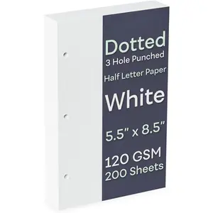 Half Letter 3-Hole Punched Dot Grid Paper, 200 Sheets, 120 GSM, 5.5 x 8.5 inch, Dotted Paper Planner Refill Inserts for Mini-Binders and 3-Ring Half Letter Binders
