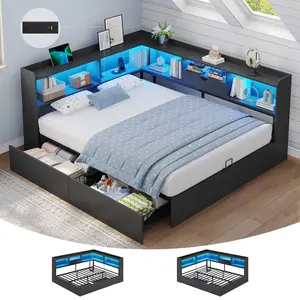 Hasuit | Corner Bed Frame with Storage Bookcase Various sizes Day Bed with Charging Station and LED Lights Convertible Beds for Teens