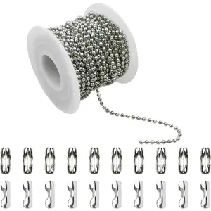 32.8 Feet Stainless Steel Ball Beaded Chain Necklace Chains for Making Jewelry with 20 Pieces Matching Connectors Silver Color Metal Pull Chain Roll Spool Ball for Dog Tag DIY (2.4mm in Diameter)