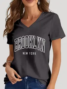Women's "BROOKLYN" Letter Print V-Neck Tee, Casual Comfy Short Sleeve T-Shirt for Summer, Ladies Clothes for Daily Wear, Top