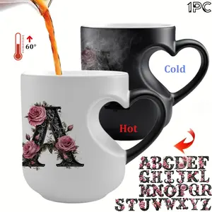 1pc Magical Color Changing Coffee Mug With 26 Alphabet Options floral letter pattern | 11oz Unique Heart Design, Perfect for Birthdays, MotherS Day, Valentine'S Day, and Holiday Gifts - Ceramic