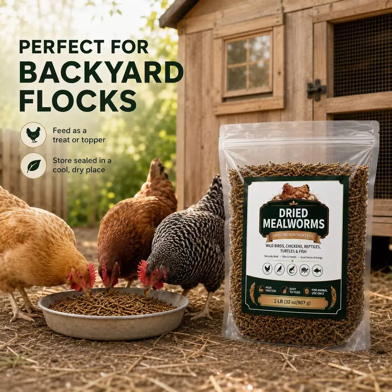 2 LB Dried Mealworms for Chickens, Laying Hens, Broilers, Ducks, Wild Birds, Fish, Turtles & Reptiles, Natural Protein-Rich Poultry Treats, Bulk Supplemental Feed for Backyard Flocks & Pets