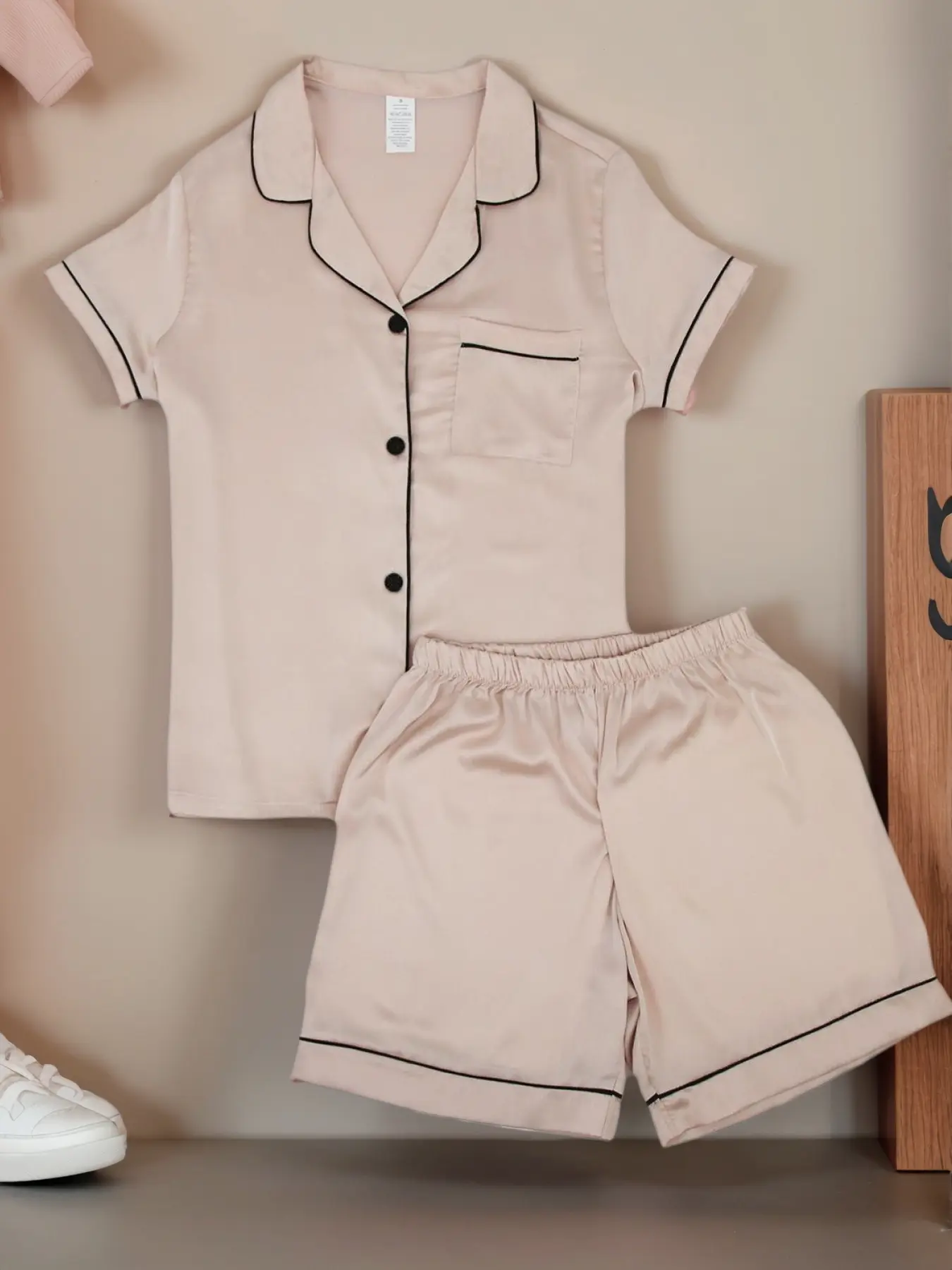 Two-piece Set Women's Contrast Binding Pocket Pajama Set, Casual Button Front Lapel Shirt & Shorts, Summer Sleepwear Loungewear Set for Women