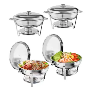 [FLASH SALE] Garvee 5QT Chafing Dish Buffet Set of 4 Pack, Round Stainless Steel Food Warmers Buffet Servers Sets, Chafer with Food & Water Pan, Lid, Frame, Fuel Holder for Catering and Parties