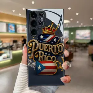 Phone case: Gorgeous Fusion of Shining Crown and Puerto Rico Flag Black tempered glass shell for  for Galaxy S25/S24/S23/S22/S21/S20/Ultra/Plus/S10/Plus/Note20/Ultra/A71/A51/A56/A32/A36/A23/A26/A14/A16/A05/A06/A03s/A05s, creative fashion following