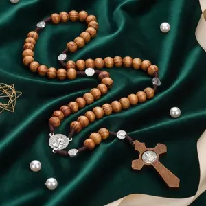 Vintage Wooden Rosary Beads with Y-Shaped Cross San Benito Prayer Necklace Solid Wood Religious Jewelry for Prayer 1 Piece
