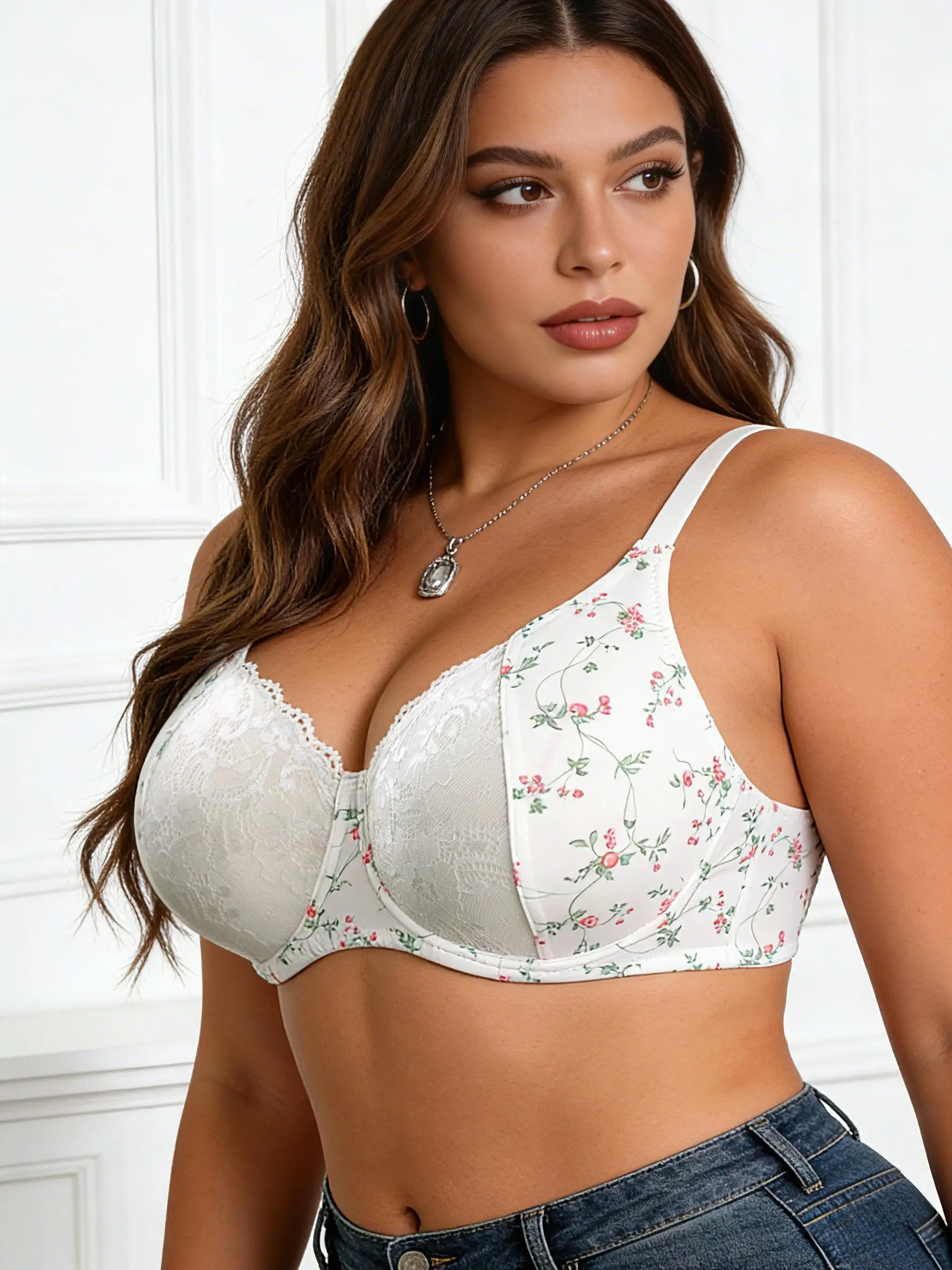 1pcs-Women's Plus Size White Floral Lace Bra, Full Coverage Lightly Lined Bra with Adjustable Straps