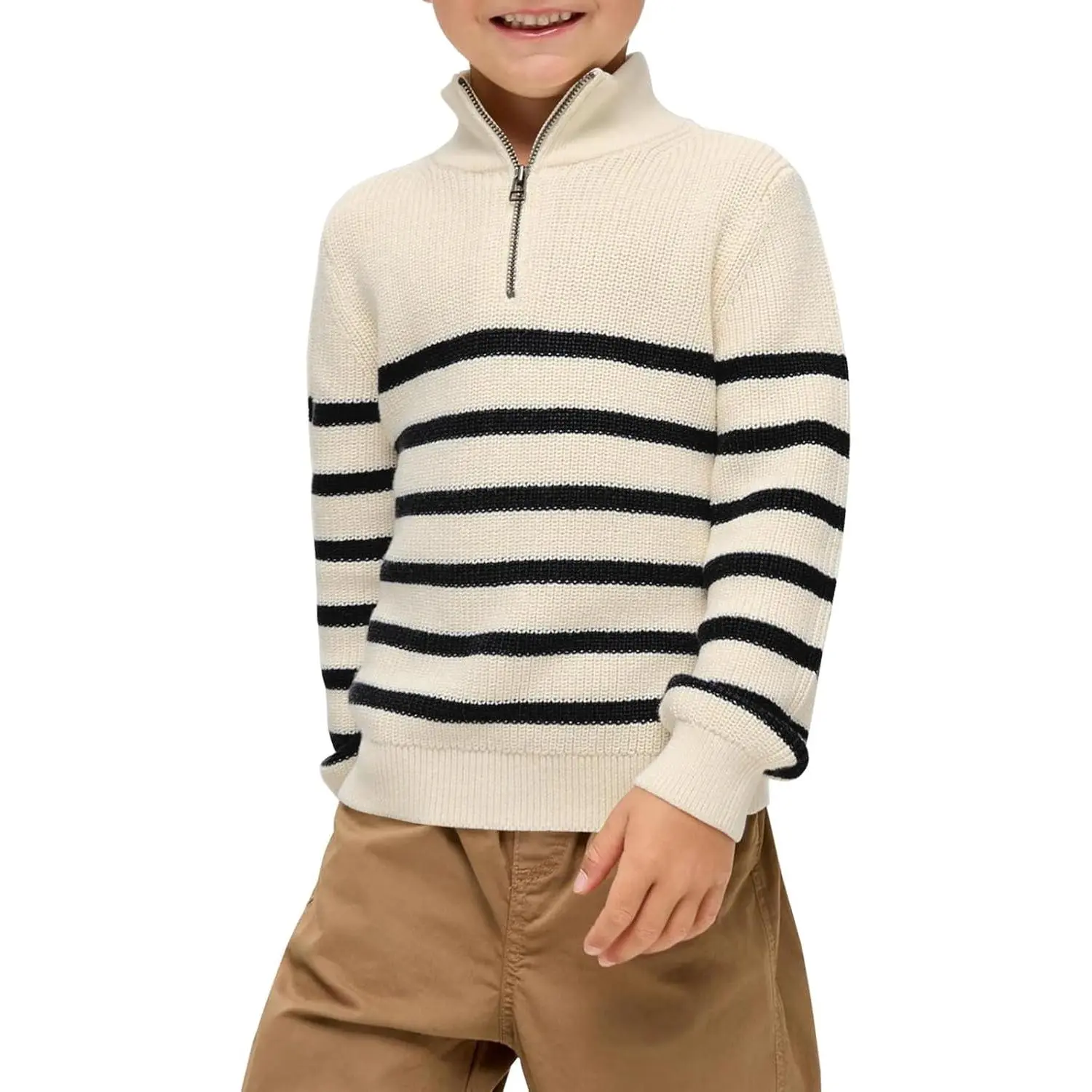 Haloumoning Boys Striped Quarter Zip Sweater Kids Fashion Long Sleeve Knit Pullover Sweaters Tops 5-14 Years