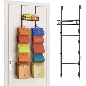Over The Door Purse Organizer - Wall Mounted Purse Rack with 10 Hooks and Metal Basket, Handbag Hanger Organizer Holds up to 10 Bags, Bag Rack Can Use As 1/2 Part, for Door, Closet