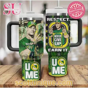 Classic WWE John Cena Never Give Up 30oz or 40oz Stainless Steel Tumbler With Handle, Casual Style, Soft Touch, Feels Like a Favorite - Fast Processing
