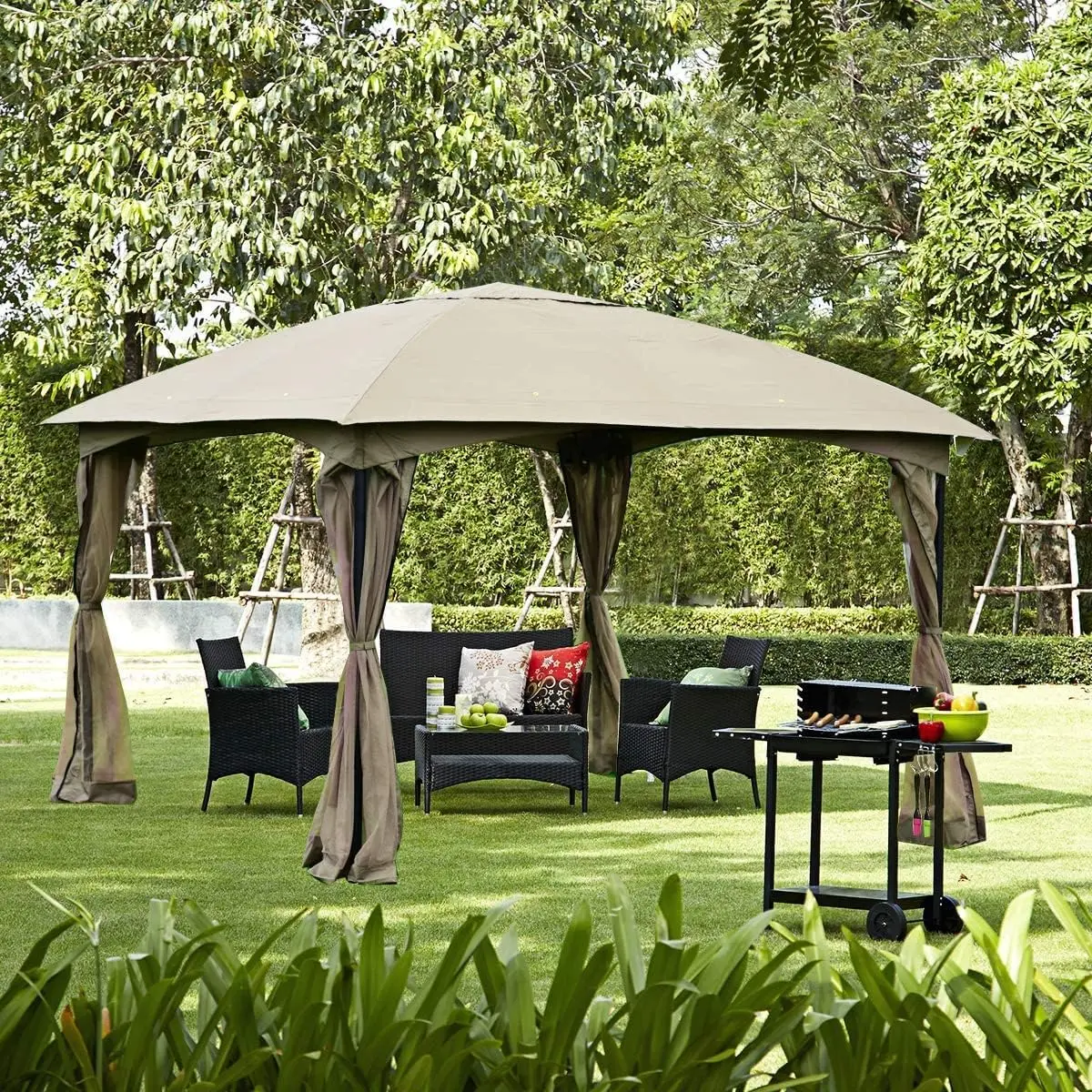 Vallmore 11.5' x 11.5' Outdoor Gazebo with Netting, 133 sq ft Enclosed Canopy Tent, 160GSM Sloped Dome Roof with 4 Mesh Curtains for Shade, Patio, Lawn, Picnic
