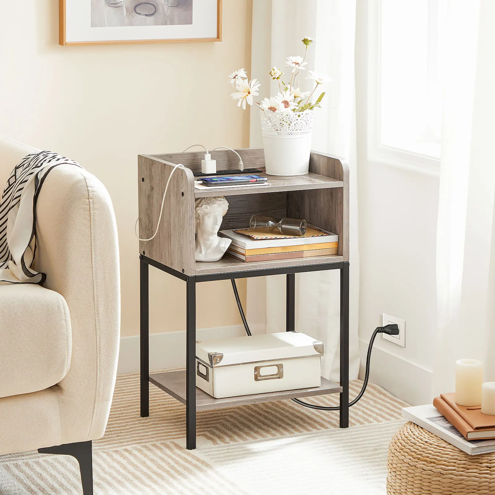 HOOBRO Nightstand with Charging Station, End Table with Open Drawer, Side Table with USB Ports and Outlets, for Small Spaces, Bedroom, Living Room, Greige and Black #SummerVibes