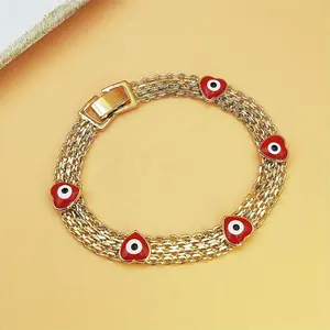 Boho-Chic Evil Eye Charm Bracelet for Women - Luxe Wide Golden-Tone Copper Chain with Red Bead Charms, Everyday Jewelry & Festival Gift, Durable Protection Symbolism, Year-Round Bohemian Accessory, Cute Jewelry, Festival Accessories