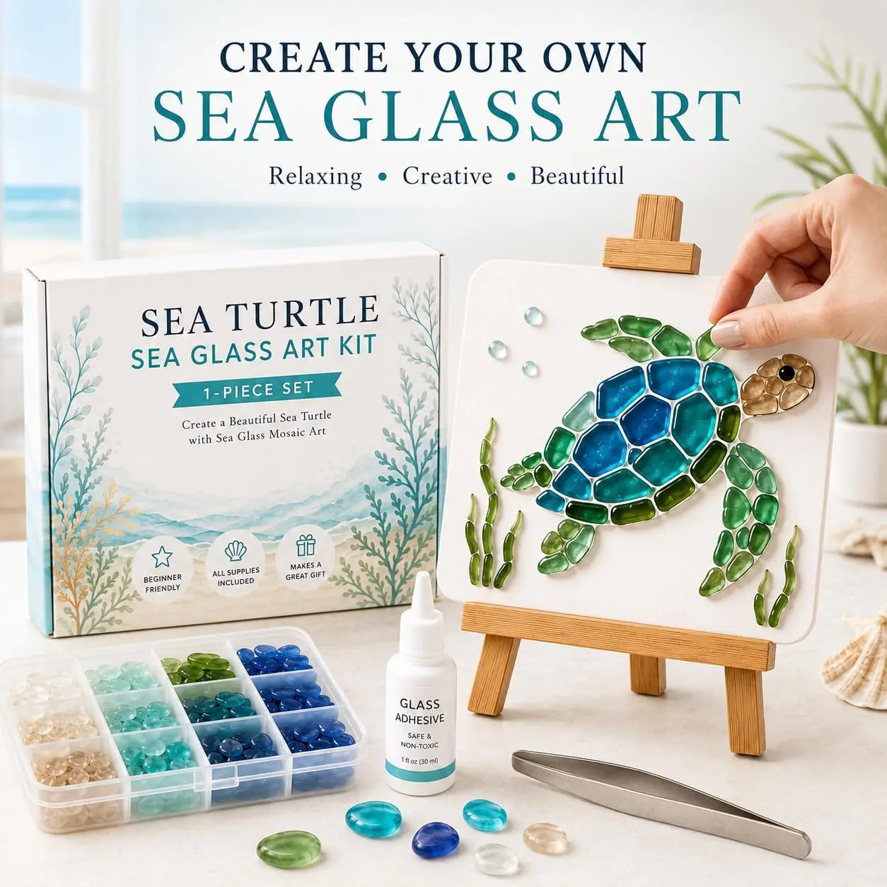 DIY Sea Glass Mosaic Art Kit,Sea Glass Art Kit for Adults,DIY Beautiful Ocean & Garden Inspired Artwork with Colorful Pieces Home Decor & Creative Handmade Gift，Turtle
