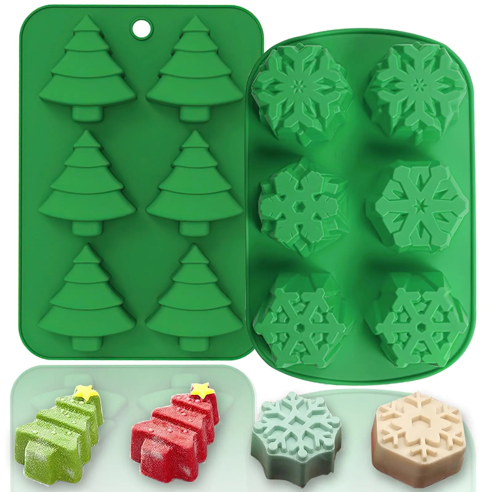 Christmas Silicone Chocolate Molds Tree Snowflake Baking Candy Ice Cube Soap Fondant Candles Pastry Gummies Cake Red Green Mold For Xmas Holiday Party Decorating 2pcs
