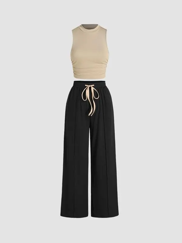 Two-piece Set Women's Ruched Knit Tank Top & Adjustable Drawstring Waist Pants Set, Mufti Clothes, Casual Fabric Sleeveless Top & Wide Leg Trousers, 2 Piece Sets Women, Co-ord Set for, Clothing Set, Minimalist Womenswear