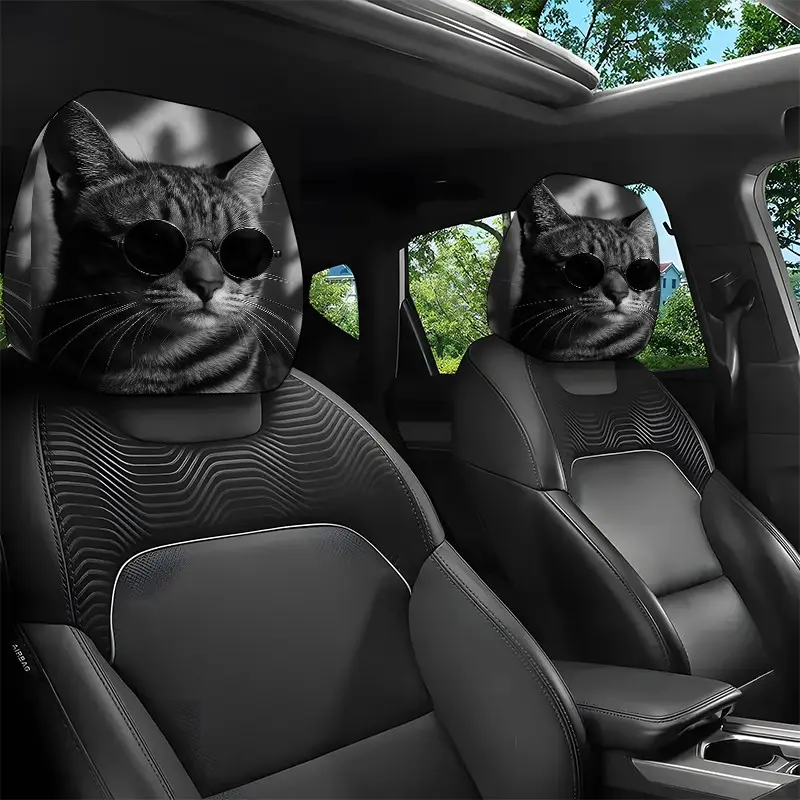 2pcs 11x10.2 inch Cool Cat Pattern Car headrest covers, Universal, easy to install, and durable car interior seat accessories, Car seat decorative, Suitable for daily commutes and travel, ideal gifts for car enthusiasts