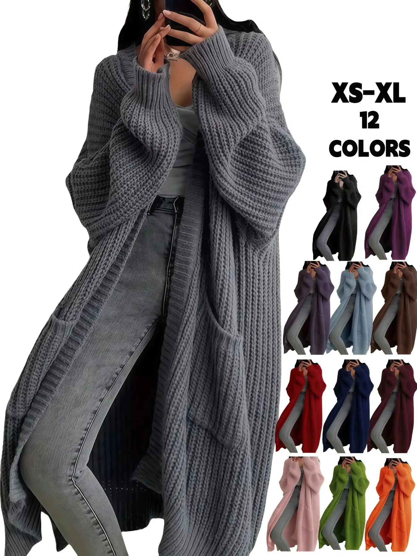 Women's Oversized Y2K Cardigan, Boho Cardigan Sweater - Long Sleeve, Open Front, Ribbed Knit with Pockets, Loose Fit, Long Length, Perfect for Fall & Winter, Casual Wear, Knitwear