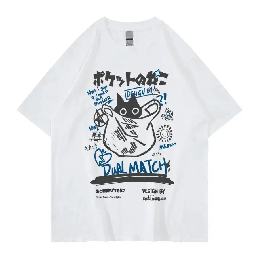 Men's Harajuku Streetwear Casual Wear Short-Sleeve Tee - Japanese Cat, Kanji Graphics Breathable Cotton Knit T-Shirt, None