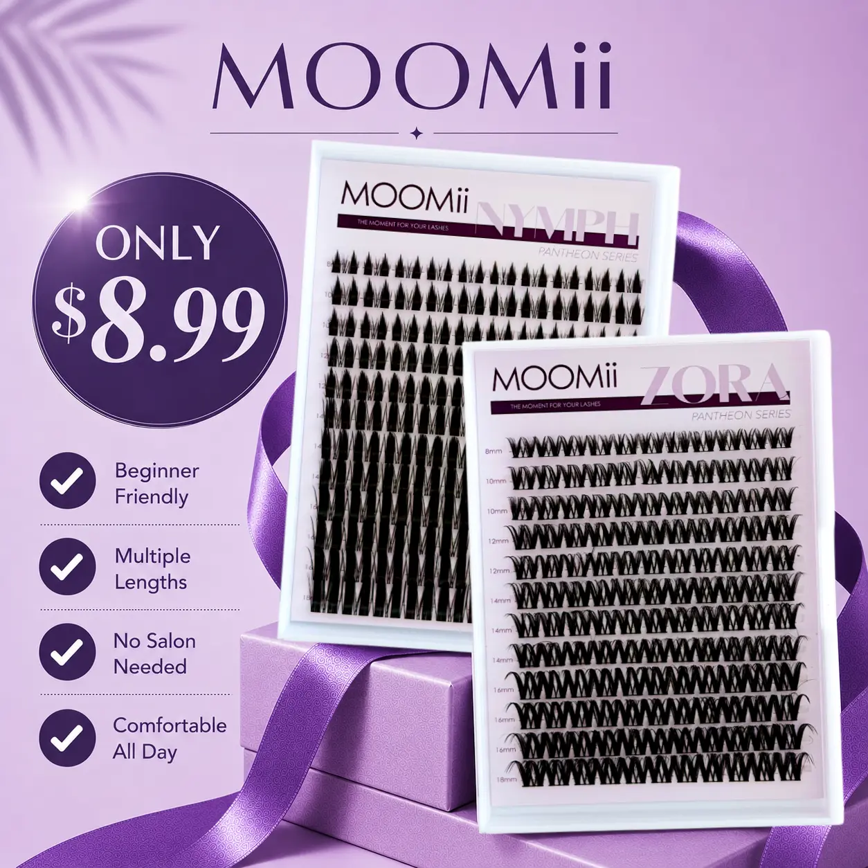 MOOMii D Curl Mixed Length Eyelash Clusters, 8-18mm Soft Fluffy Waterproof Cosmetic Lashes with Lightweight Soft Band for Beginners’ Daily Clean Girl & Glam Makeup Looks