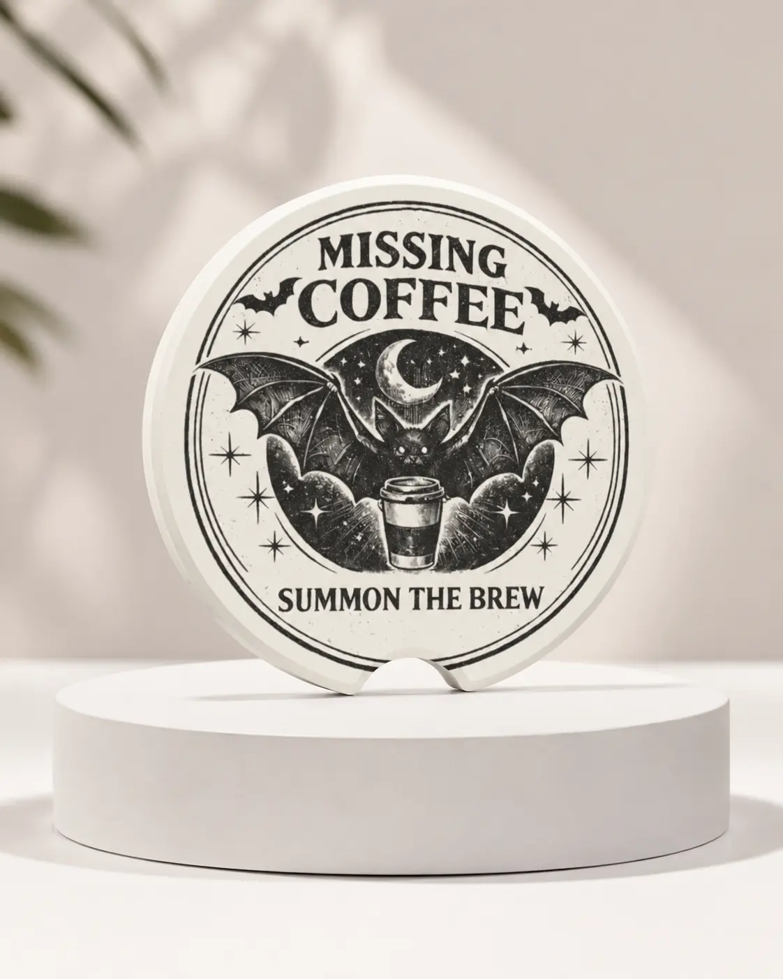 Missing Coffee Bat Soapstone Car Coaster | Funny Gothic Coffee Lover Gift | Absorbent Stone Cup Holder Insert #CarAccessories #CarCoaster #CoffeeLover #GothicDecor #HalloweenVibes #GiftIdeas #AutoAccessories #FunnyGift