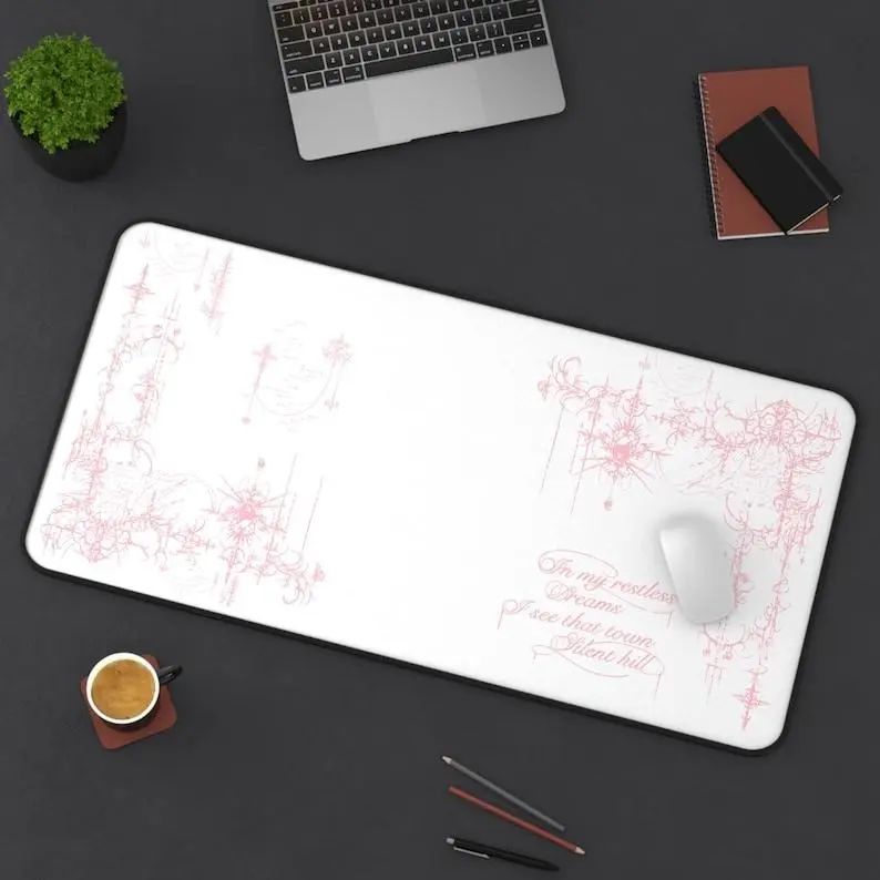 Pink Silent Hill floral script Desk Mat | girly elegant mousepad deskpad, Non-Stitched Mat
