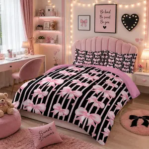 Coquette Pink Bow Comforter Set | Black & Pink Striped Bedding | Y2K Girly Room Decor Quilt with Pillowcases