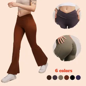 Women's Ruched High-Waisted Flare Leggings Crossover Yoga Pants 78065 Comfort Fitted Minimalist with Tummy Control and Wide Leg