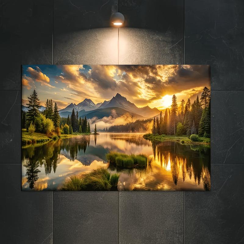 Wooden Framed Canvas Painting Wall Art1 piece of wooden framed canvas wall art Calm Lake and Mountain landscape Abstract painting, suitable for living room, office, bar, library, cafe decoration Mother's Day Wrapped in canvas