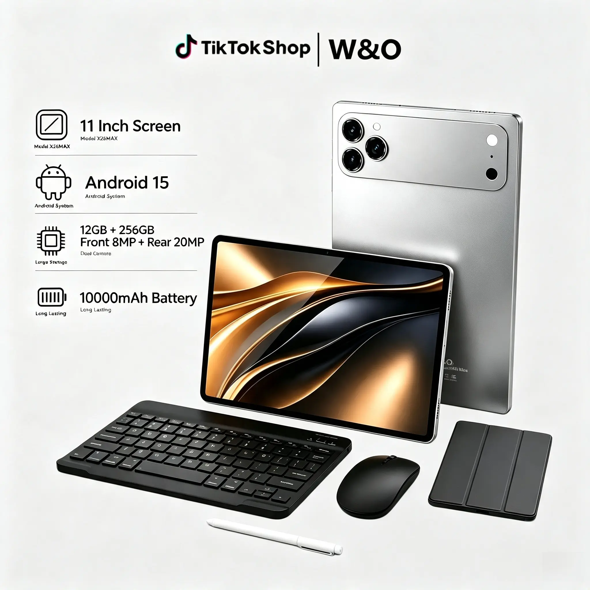 W&O X17 Ultra & X26 Max Android 15 Tablets, 10.1/11.1-Inch Displays, 8GB/12GB RAM, 256GB Storage, SIM & microSD Support, Bluetooth Keyboard-Mouse-Case-Stylus Bundle, Smart Gift