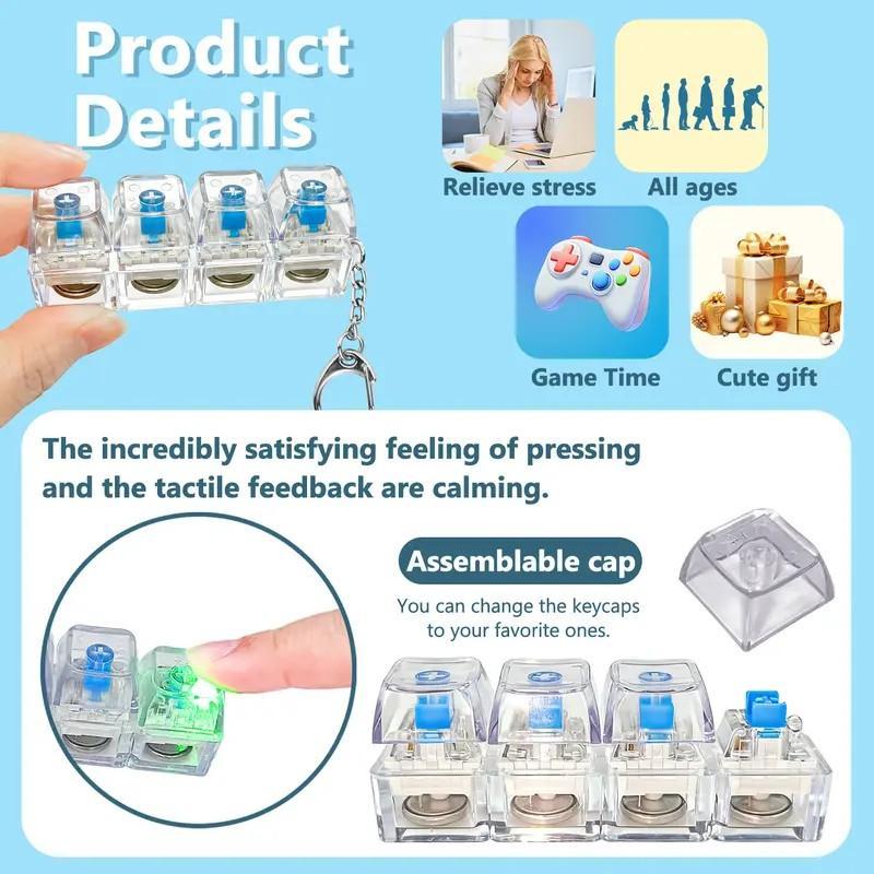 4 Pack Mechanical Keyboard Keychain Decorations with LED Glowing Lights, Stress Relief Fingertip Clicker with Transparent Crystal Keycaps, Fingertip Fidget Toys and Fun Pendant for Boys, Girls and Adults, New Year's Day Gifts, Valentine's Day Gifts