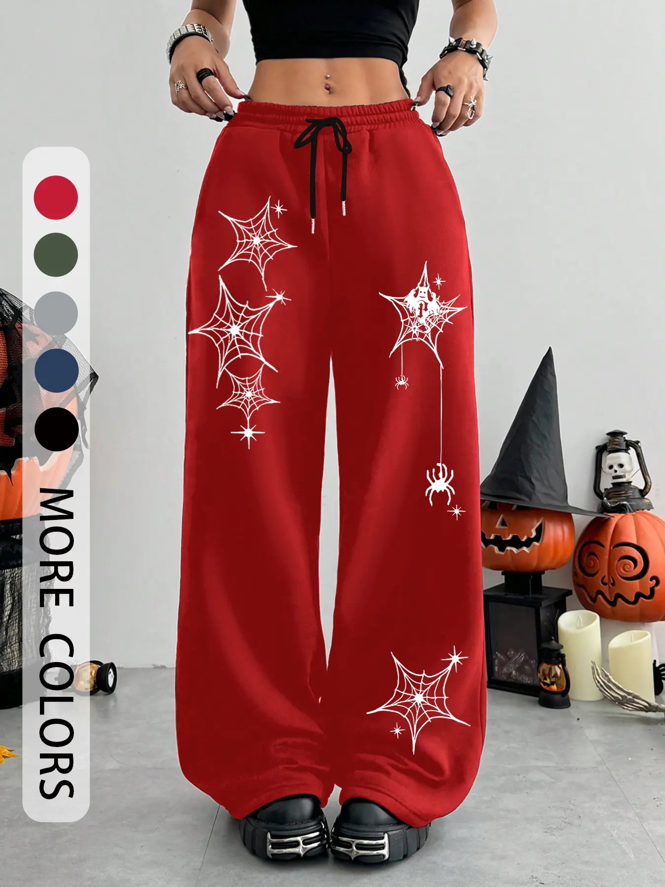 Halloween Women's Casual Spider Web Star Print Loose Fit Wide Leg Pants, Holiday Atmosphere, All Seasons, Comfortable Daily Wear