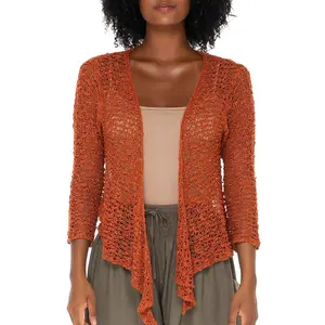SHU-SHI Women's Cropped Cardigan for Summer: Open Weave Knit Shrug in Brick Orange