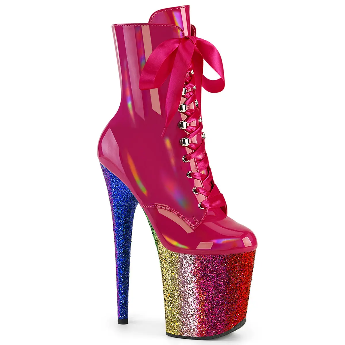 Women's Holographic Patent Lace-Up Ankle Boots - 8-Inch Heel, Inside Closure, Platform, Zip, Glitter Sole, Stylish Party Performance Heeled Footwear