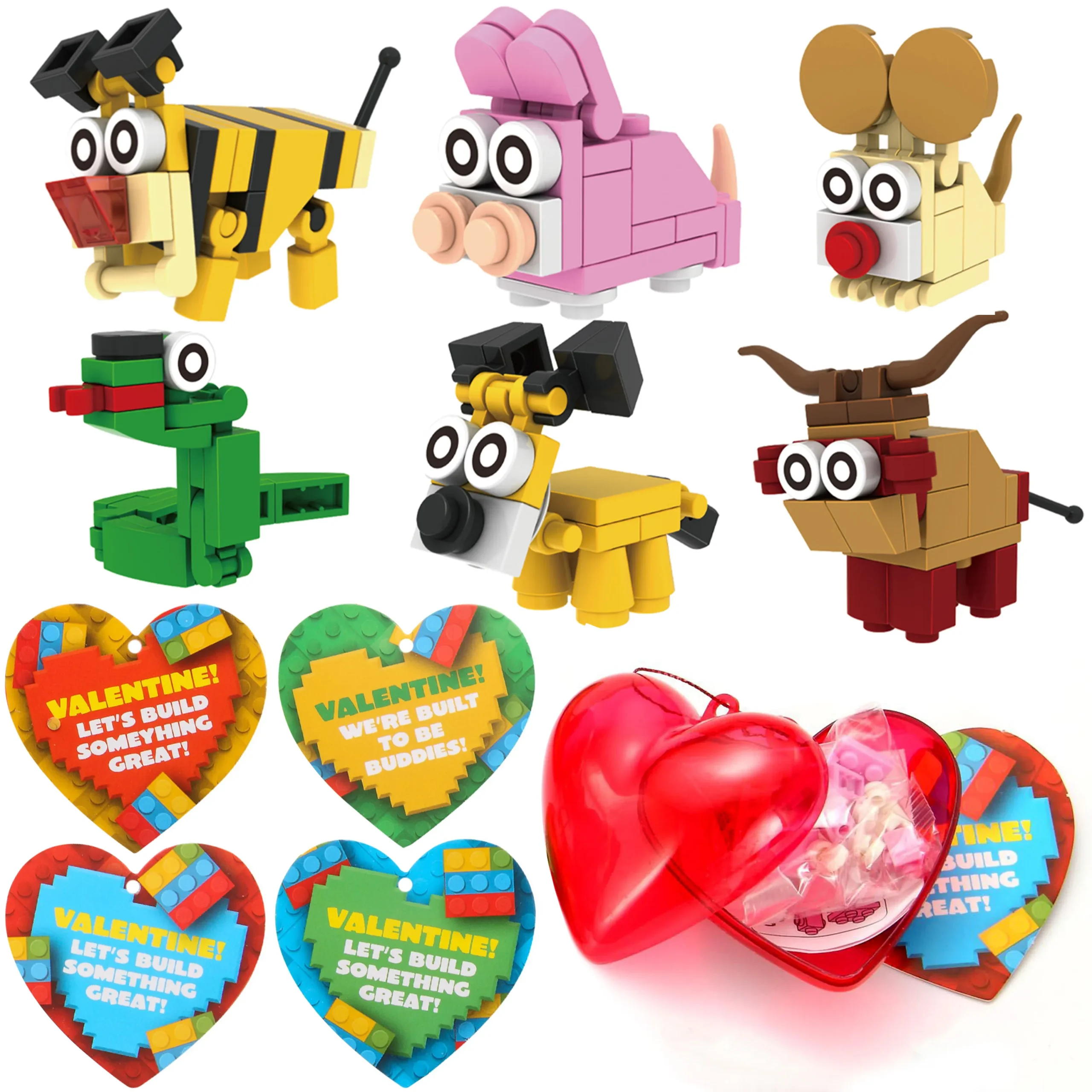 26pcs Building Blocks Animals Prefilled Hearts with Kids Valentines Cards 2025 Valentine Exchange Cards