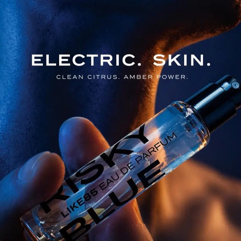 LIKE85 RISKY BLUE – Ambroxan + ISO E Super Skin Scent | Electric Clean Citrus | 15ml Eau de Parfum
