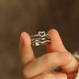 Zircon Love Wishing Bone Ring Stacking Ring Ring Three-piece Set Heart-shaped Hollow Couple Surprise Gift