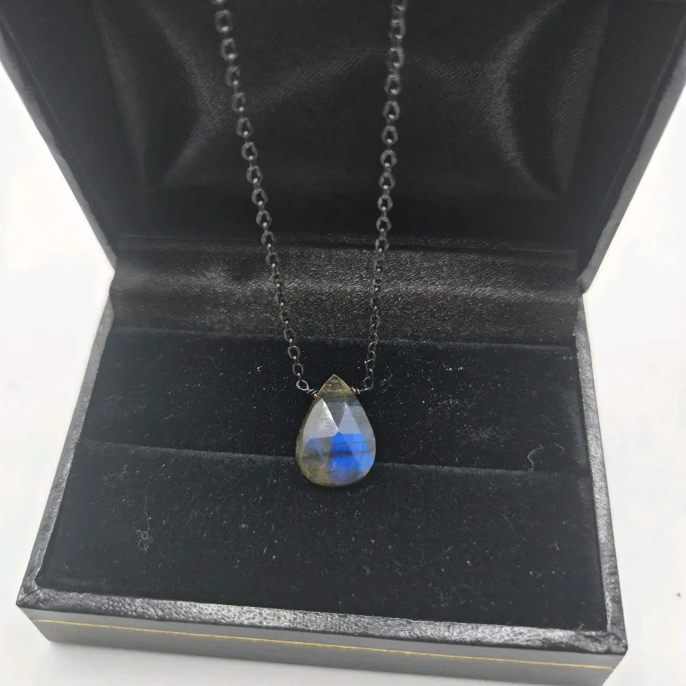 Elegant Labradorite Teardrop Gemstone Necklace on Black Stainless Steel Chain