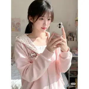 Japanese Pink Kawaii Cute Cartoon Embroidery Hoodie Women Y2k Aesthetic Patchwork Pocket Hoody Casual Grunge Zipper Sweatshirts
