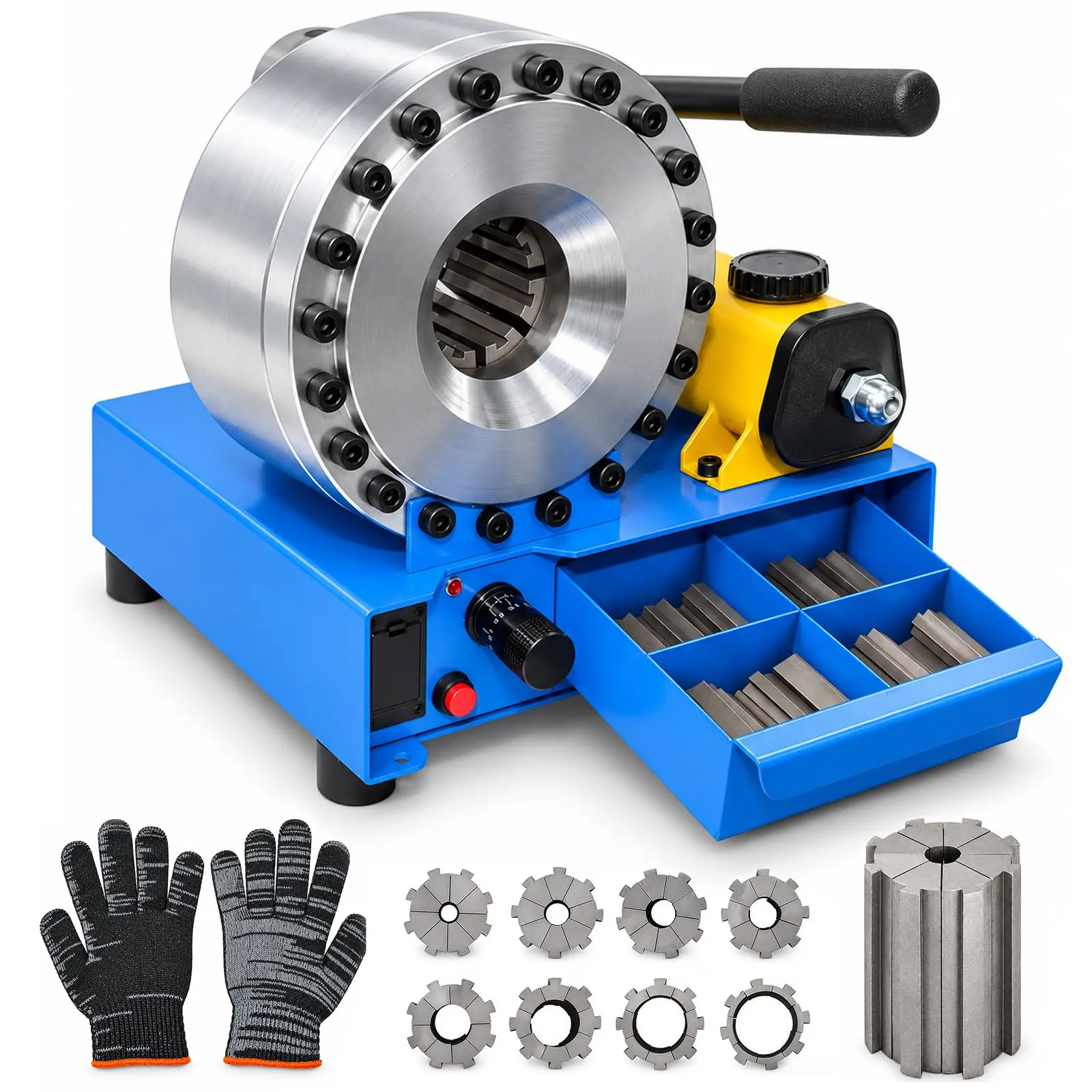 Steel Hydraulic Hose Crimper Mechanic Tool with 8 Drill Sets, 0.24-1.1 Range, Compact Benchtop Design for Oil Gas Water Auto AC Hoses & Cable Joints, Mechanic Tools