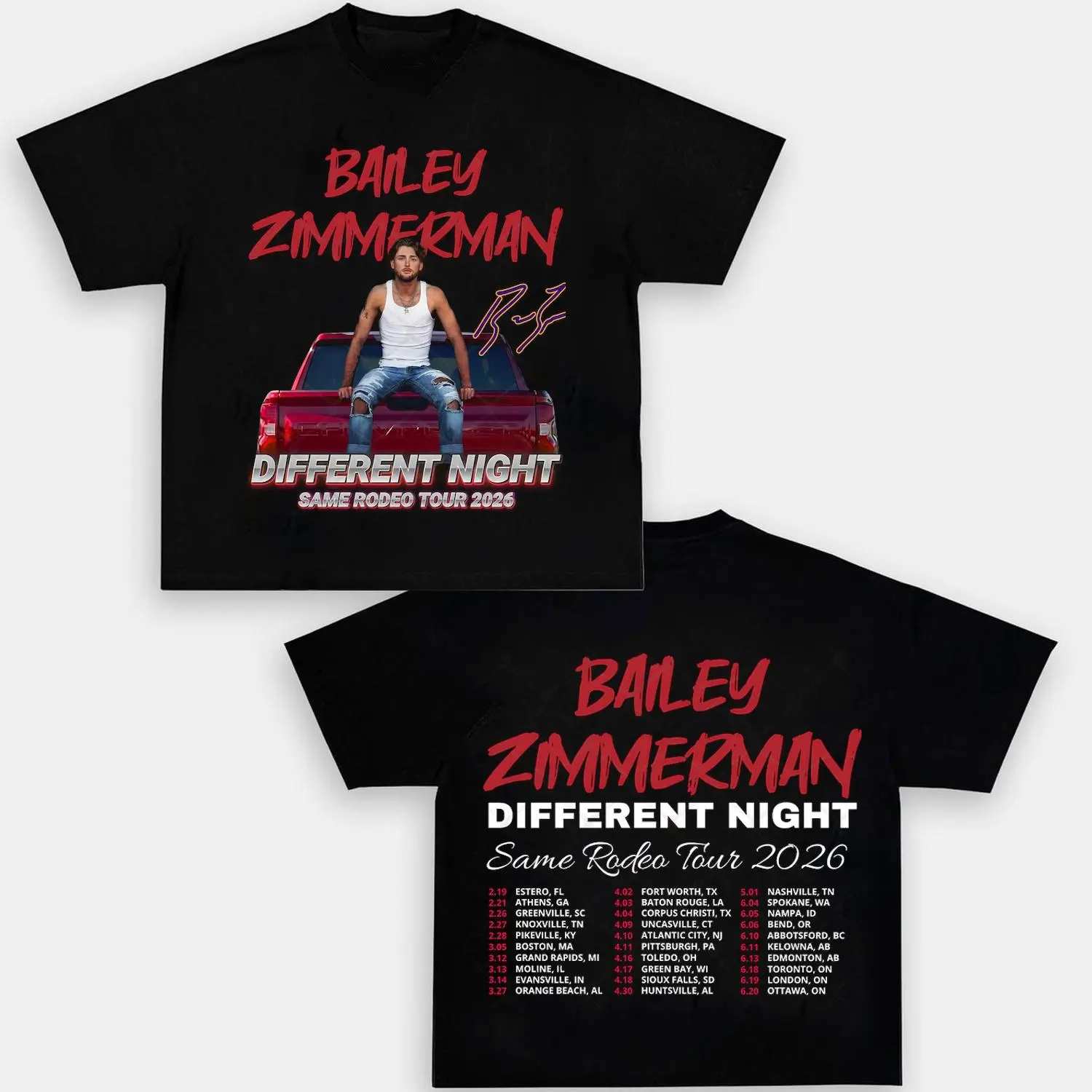 Bailey Zimmerman Different Night Same Rodeo Tour 2026 Vintage Country Music Tee Fall In Love Chevy Silverado Fan Collection HY5493
