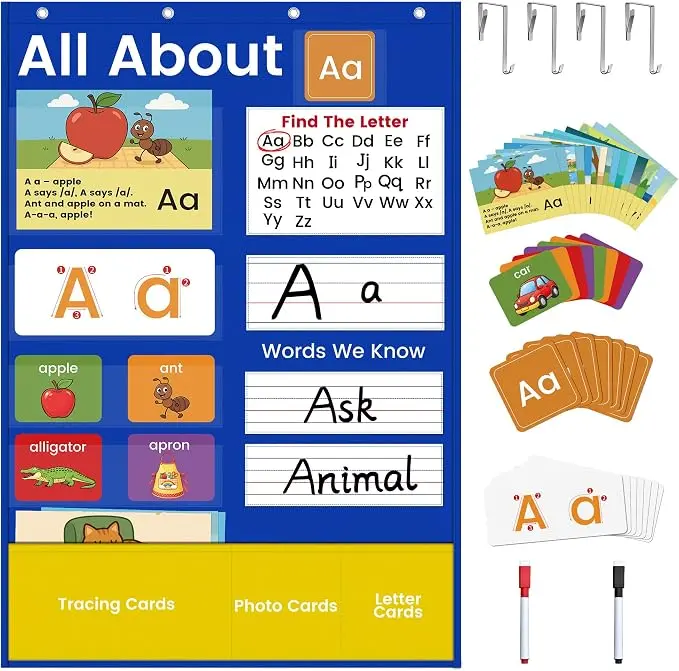 Alphabet Learning Pocket Chart 41"x28.5" with 182 Double-Sided Flash Cards | ABC Wall Chart With Letter Tracing & Picture Cards - Homeschool Preschool Kindergarten Learning Activities Must Haves