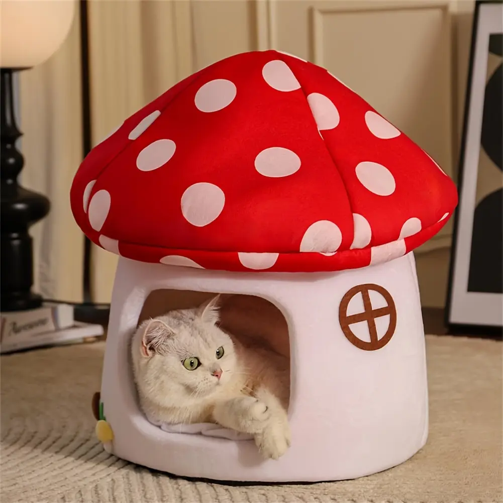 Cute Mushroom Cat House, Semi-Enclosed Hideaway, All-Season Bed for Indoor Small Cats