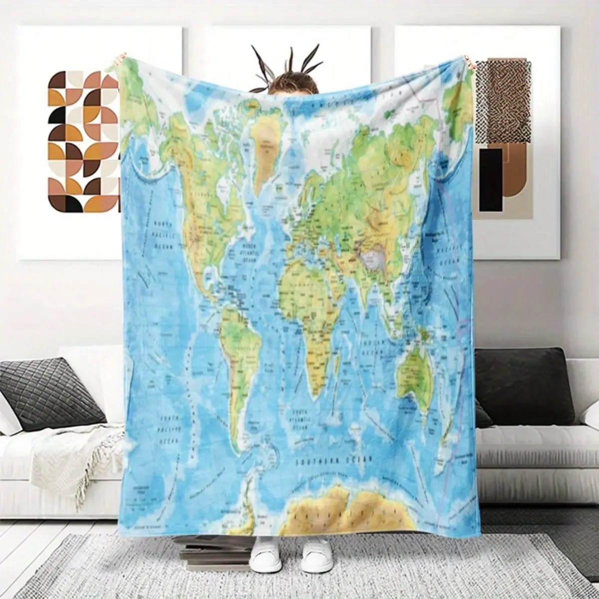 Blue Green Brown White and Black Map Print, World Map Printed Flannel Blanket and Educational Sofa Throw for Classrooms, Study Nooks and Family Rooms, Learning Decor for Reading Time, Homeschool Spaces and Curious Minds